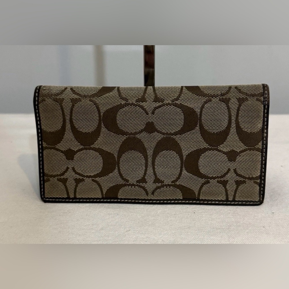 Coach Signature Checkbook Wallet Tan Brown Canvas Leather Trim Y2K